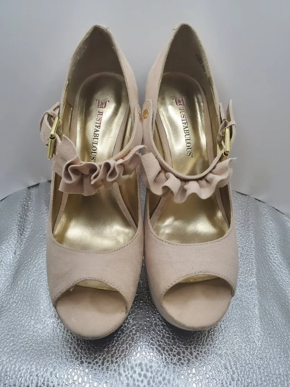 Blush Pink Suede Platform Wedge Heels with Ruffle Strap - Size 7.5